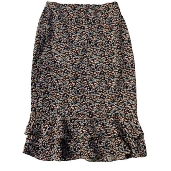 Ann Taylor Women's Midi Skirt Floral Tiered Hem Zip Closure Burgundy Size 00 - Picture 1 of 7